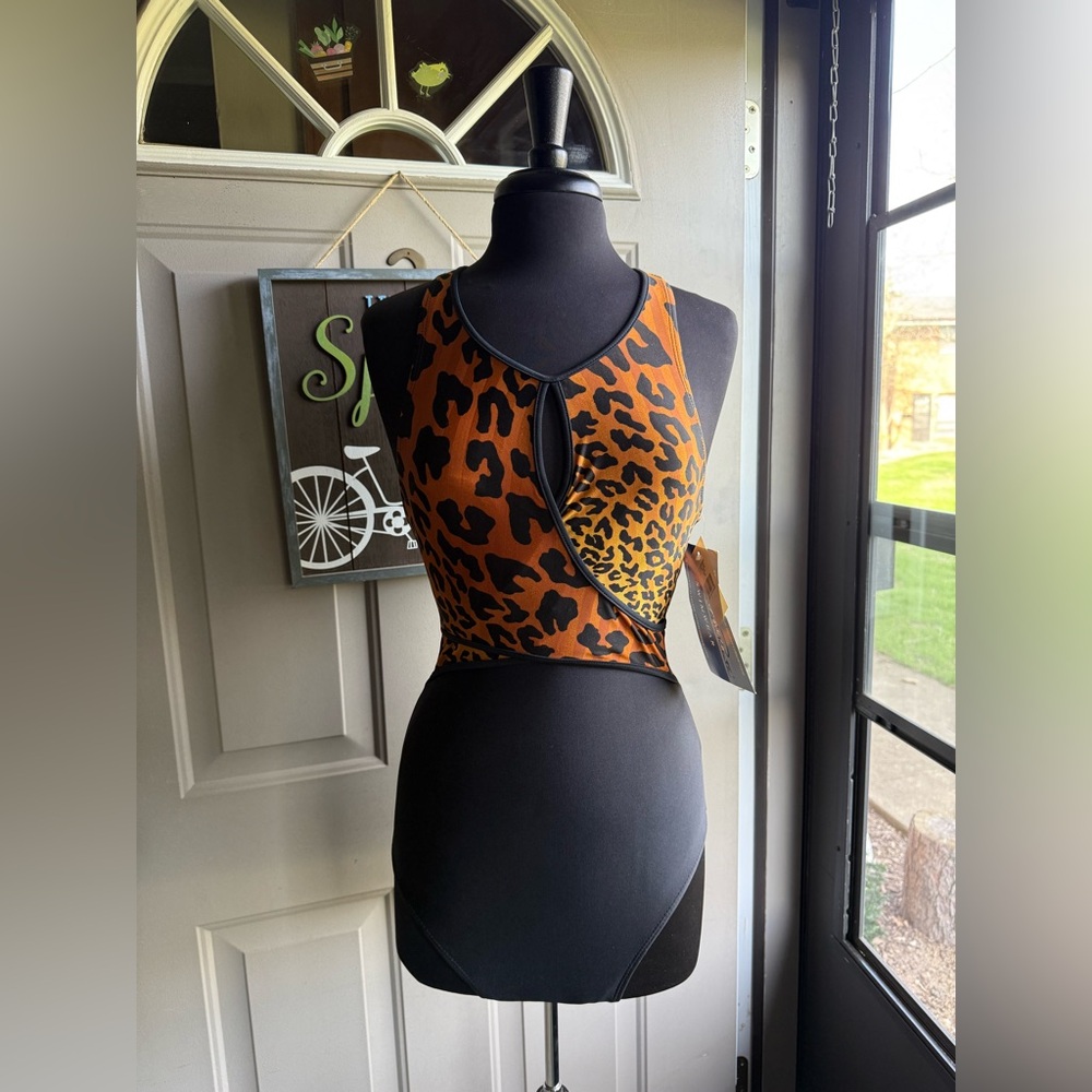 Vintage 90s Oscar de la Renta animal print black wrap one piece, size 8